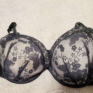 Cacique Intimates Size 44D Sexy Black Floral Tan Overlay Lightly Lined UW Bra!